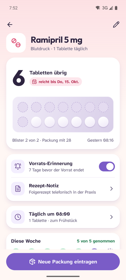 Vorrat im Blister und Rezept-Notiz im Hellmodus