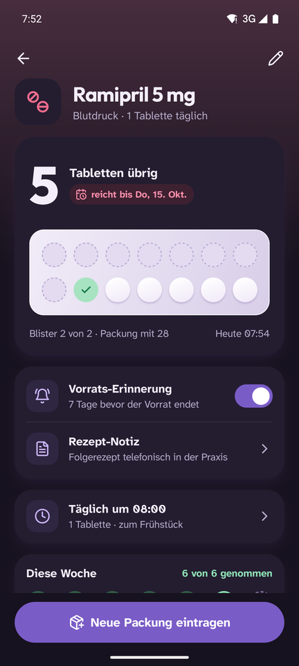 Vorrat im Blister im Dunkelmodus