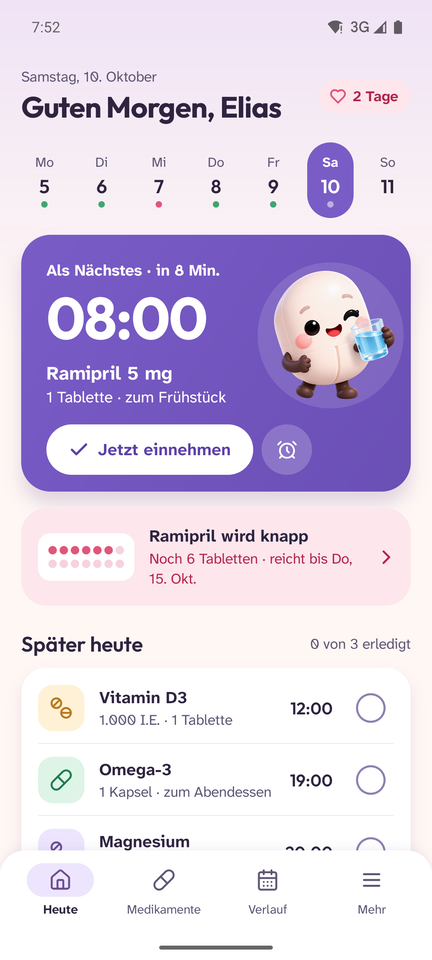 Heute: nächste Einnahme und Vorratswarnung im Hellmodus
